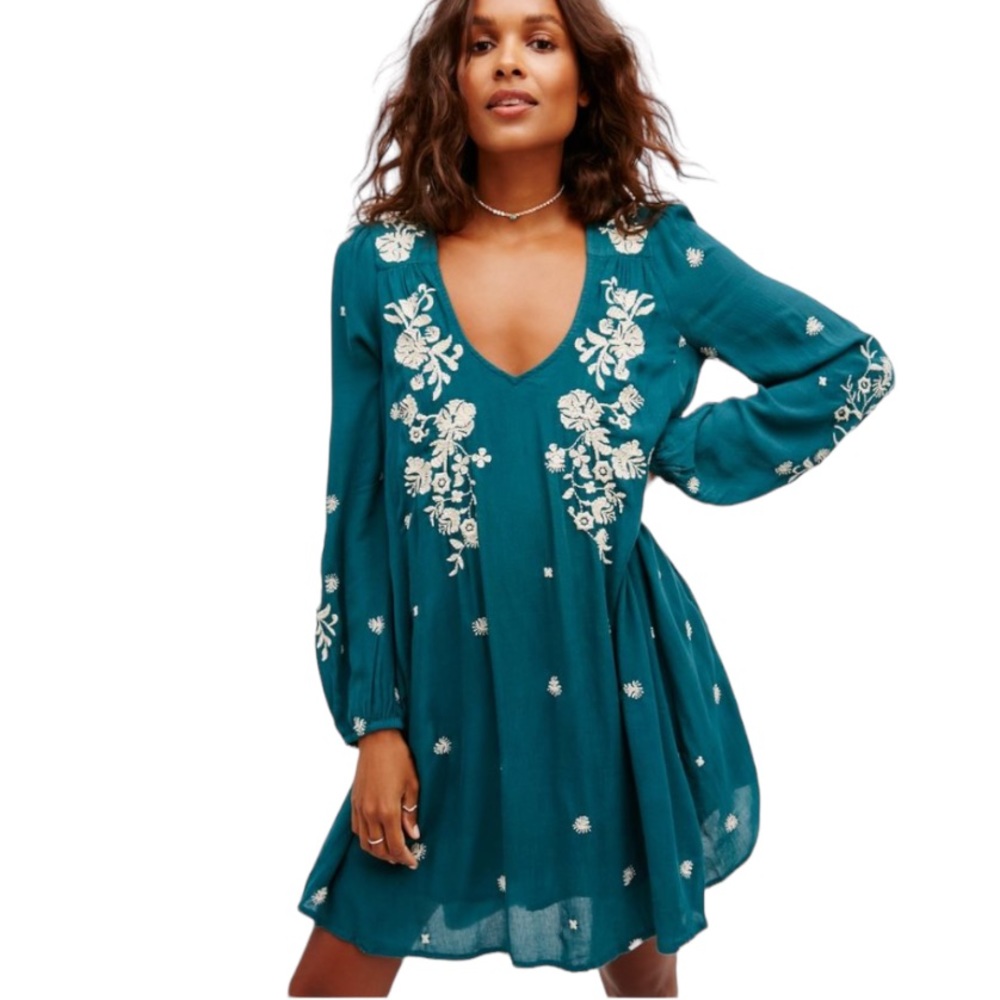 Free People Sweet Tennessee Embroidered Emerald Green Mini Dress W-689 Size XS